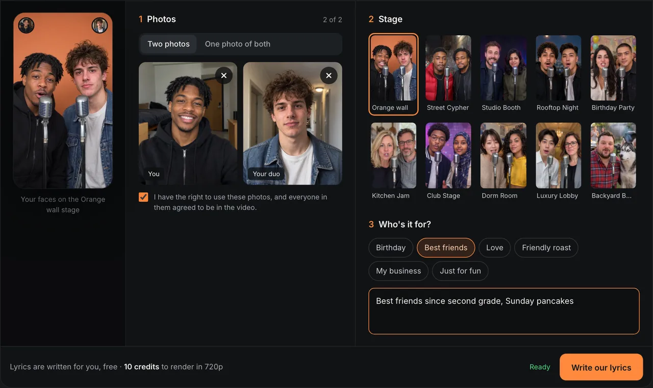 The creator with two selfies added, the Orange wall stage selected and Best friends chosen as the occasion
