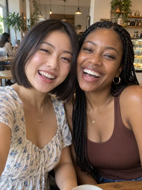 Selfie of two laughing friends in a café, one with a short bob and a floral dress, one with long box braids