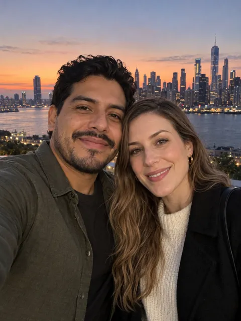 Couple selfie of a man and a woman in front of a city skyline at sunset