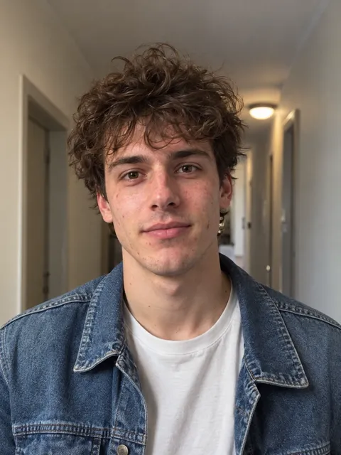 Selfie of a young man with curly brown hair in a denim jacket