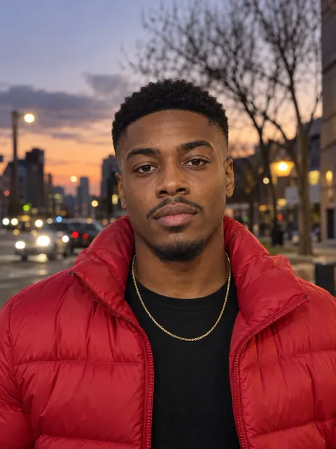 Photo of a Black man, mid 20s, low fade, thin gold chain, red puffer jacket