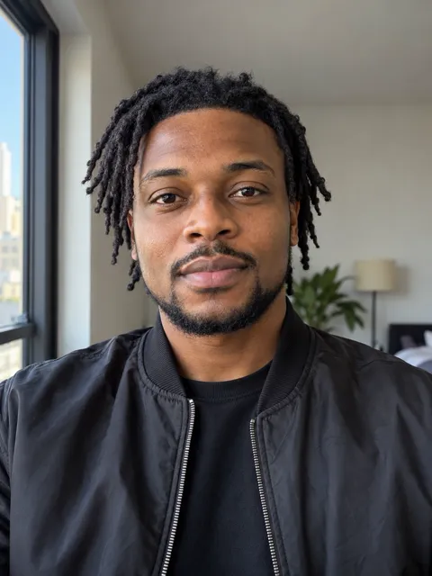 Photo of a Nigerian man, early 30s, short locs, black bomber jacket