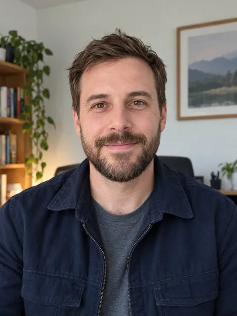 Photo of a White man, mid 30s, short brown beard, dark navy work jacket
