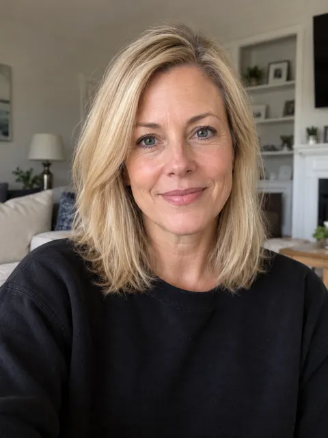 Photo of a White woman, late 40s, blonde shoulder-length hair, black sweatshirt
