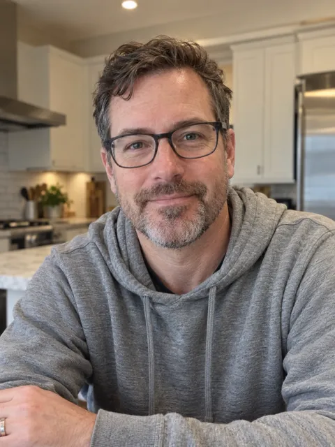 Photo of a White man, mid 40s, dark-rimmed glasses, grey hoodie, wedding ring