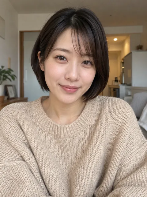 Photo of a Japanese woman, early 30s, short bob, oversized beige knit sweater