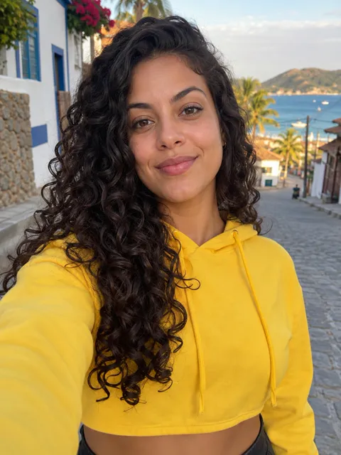 Photo of a Brazilian woman, late 20s, long dark curly hair, yellow crop hoodie