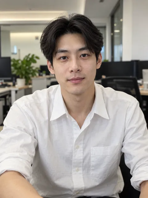 Photo of a Chinese man, mid 20s, center-parted hair, white shirt with rolled sleeves