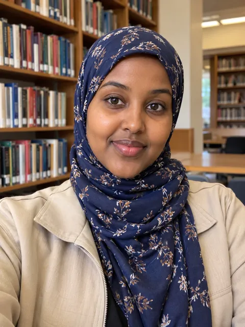 Photo of a Somali woman, mid 20s, patterned navy hijab, warm smile, beige jacket