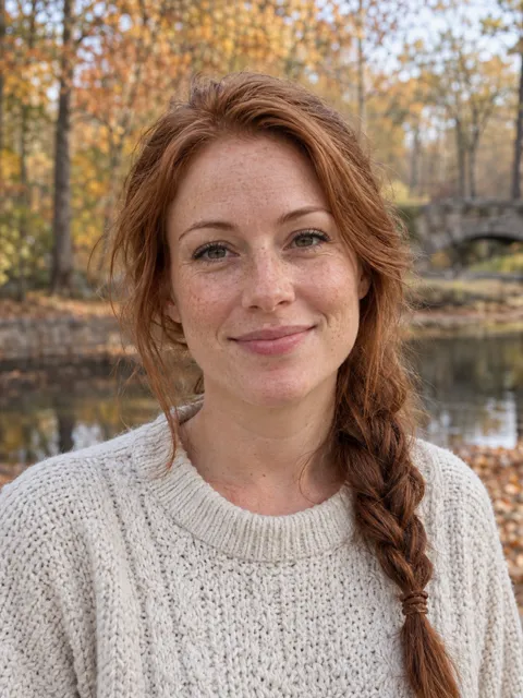 Photo of a White woman, early 30s, freckles, auburn hair in a loose braid, cream sweater