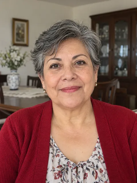 Photo of a Mexican woman, late 50s, short silver-streaked hair, red cardigan