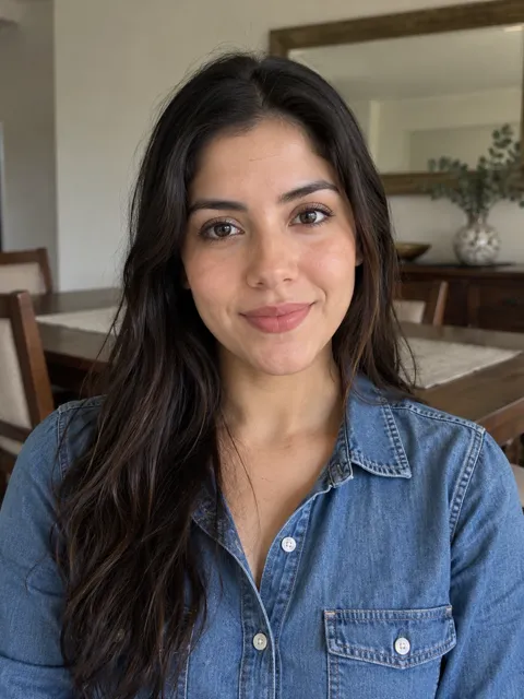 Photo of a Mexican woman, late 20s, long dark hair, denim shirt