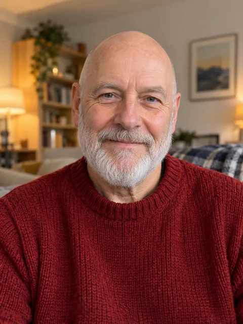 Photo of a White man, early 60s, bald, white beard, cozy red sweater