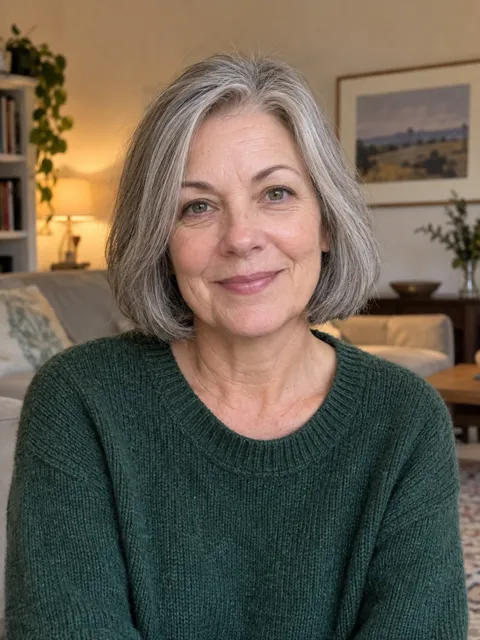 Photo of a White woman, late 50s, grey bob, green sweater