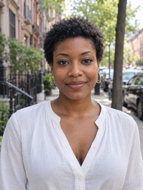 Photo of a Black woman, early 30s, short natural hair, gold hoops, white blouse