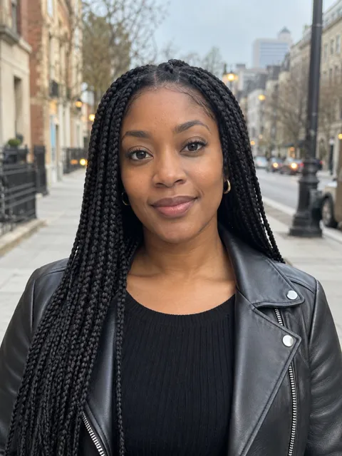 Photo of a Black woman, early 30s, long box braids, black leather jacket