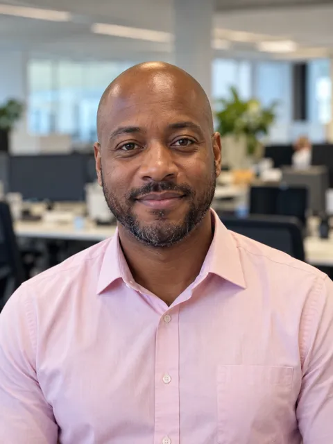 Photo of a Black man, early 40s, bald, light pink shirt