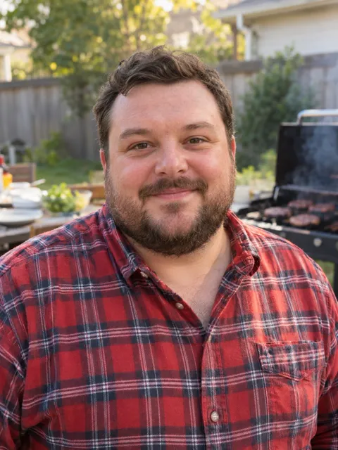 Photo of a White man, mid 30s, plus-size, friendly, red plaid shirt, short beard